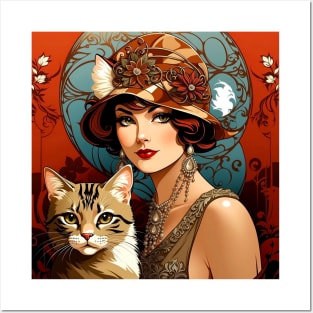 Vintage 1920s Art Nouveau Woman and Cat Posters and Art